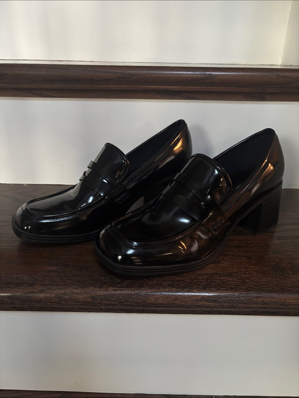 Nine West Women’s Black Patent Penny Loafers with Block Heel NEW